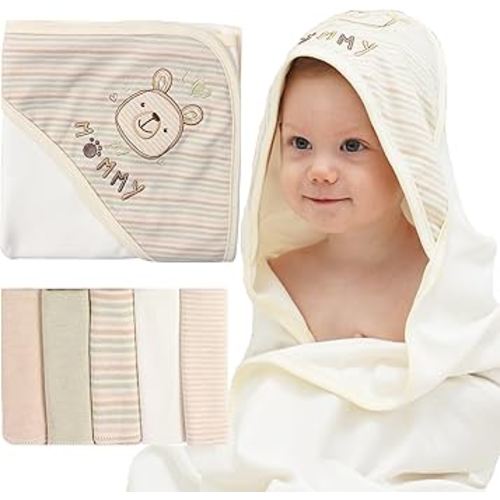 6 Pack Baby Hooded Towel and Washcloths set, Premium Ultra Soft Reusable 100% Organic Cotton Baby Bath Towel for Newborns, Infants, Toddlers, (L (Pack of 6), Multicolored Stripes and White)