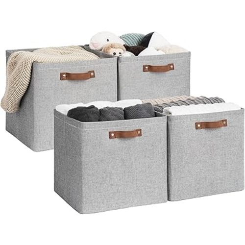 StorageWorks 13x13 Inches Storage Cube, Fabric Storage Bins with PU Handles, Collapsible Organizer Baskets for Closet, Gray, 4-Pack