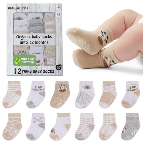 Organic Cotton Baby Socks 6-12 Months, 12 Pairs Unisex Anti Slip - Soft & Hypoallergenic Baby Girl & Boys Socks (US, Age, 6 Months, 12 Months, Brown)
