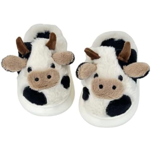 XIXITIAO Girls Boys Cow Slippers for Toddler Kids, Cute Fuzzy Cartoon Whale Rabbit Dinosaur Animal Slippers, Fluffy House Bedroom Shoes for Indoor
