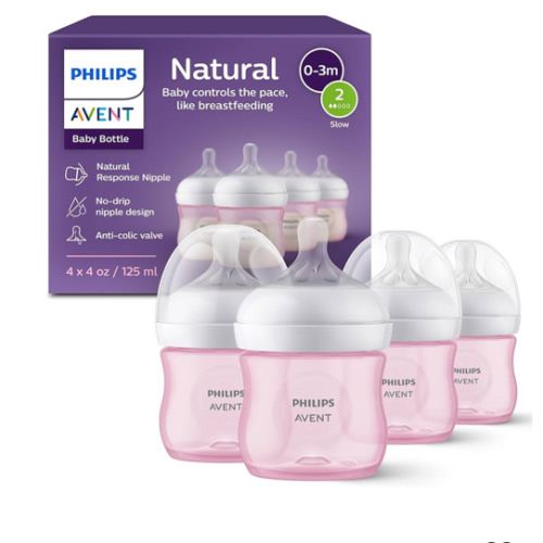 Philips Avent Natural Baby Bottles with Natural Response Nipples (Slow Flow, Flow 2), 4oz, Pink, 4-Pack, SCY900/14
