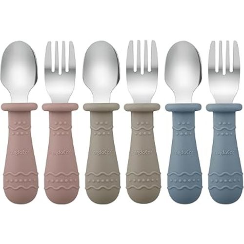 PandaEar Toddler Utensils, 6 Pack Kids Spoons and Forks, 18/8 Stainless Steel & Food Grade Silicone Children Silverware Set, Dishwasher Safe (Blue/Brown/Red)