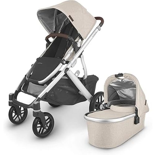 UPPAbaby Vista V2 Stroller Convertible Single-To-Double System Bassinet, Toddler Seat, Bug Shield, Rain Shield, and Storage Bag Included Declan (Oat Mélange/Silver Frame/Chestnut Leather)