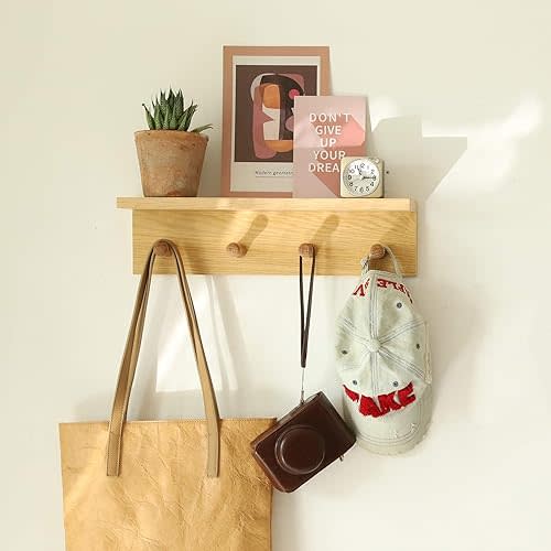 Wall Mount Coat Rack with Shelf, Sturdy Wooden Floating Shelf with Hooks Save Your Indoor Space, Wall Organizer siutable for Entryway, Mudroom, Kitchen, Bathroom, etc(Oak Finish)
