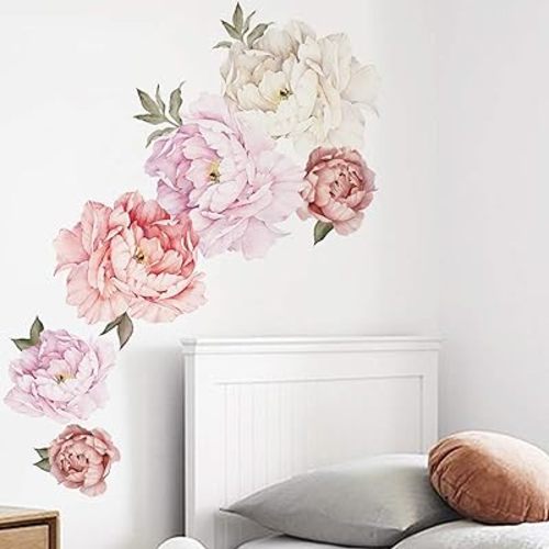 Watercolor Peony Flowers Wall Decals Floral Wall Stickers for Living Room, Delicate White & Pink Flowers Wall Posters Vinyl Blossom Art Applique for Bedroom Girls Room