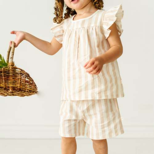 Organic Girls Flutter Top and Shorts Set - Beige Stripes