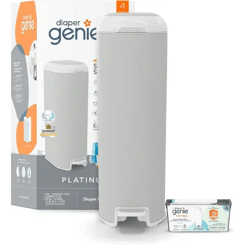 Diaper Genie Platinum Pail (Stone Grey) is Made in Durable Stainless Steel and Includes 1 Easy Roll Refill with 18 Bags That can Last up to 5 Months.