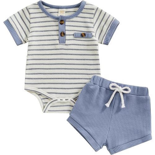 Kuriozud Newborn Baby Boy Summer Clothes Button Short Sleeve Romper Bodysuit Shorts Set Infant Soft Waffle Outfit