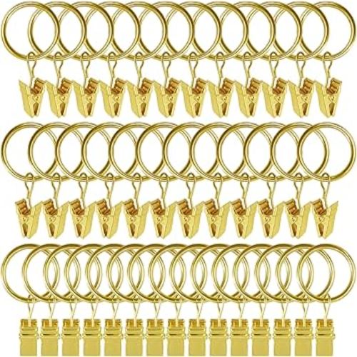 44 Pack Gold Curtain Rings with Clips, Curtain Hooks Hangers Clip Rings for Hanging Drapes Bows Hat, Drapery Rings 1 in I D, Fits up to 5/8 in Diameter Curtain Rod.