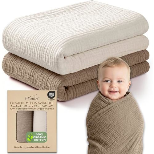 100% Organic Cotton Muslin Baby Blanket - 47 x 47 Inch Breathable Baby Girl Swaddle Blanket, Hypoallergenic Double-Layer, Soft and Cozy Baby Blankets for Sleeping & Everyday Use (Olive/Ivory)