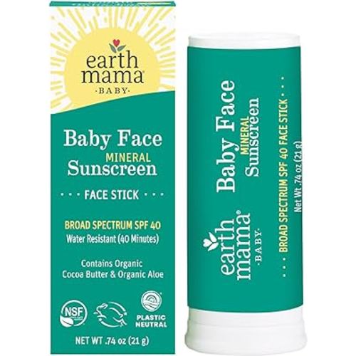 Earth Mama Baby Face Mineral Sunscreen Stick SPF 40 | Reef Safe, Non-Nano Zinc, Contains Organic Cocoa Butter & Aloe | Babies, Kids & Family 0.74-Ounce