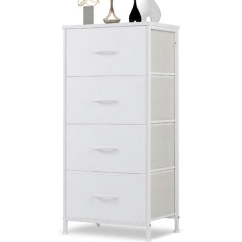 4 Drawer Dresser, Tall Chest Of Drawers Nightstand Storage Tower Storage Dresser Fabric Dresser With Wood Top for Living Room, Bedroom, Hallway, White
