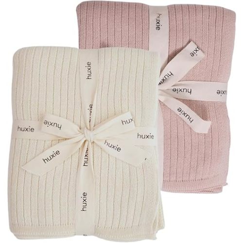 Knitted Organic Cotton Baby Blanket- Swaddle Blanket, 30" x 40" Soft Receiving Blanket for Newborn 2-Pack (Soft White and Blush)