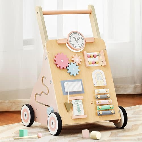 Wooden Baby Walker, Baby Push Walker with Wheels Multiple Learning Activity Center Baby Walker Adjustable Height and Speed for Girls Ages 9+ Months, Pink