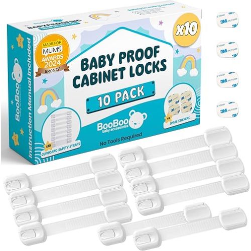Booboo® (10 Pack) Premium Child Safety Cupboard Door Strap Locks | Baby Proof Your Cabinets with No Trapped Fingers | Extra Easy Installation, No Tools Needed