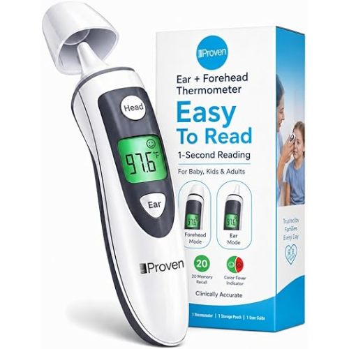 iProven Ear and Forehead Thermometer for Adults Kids and Baby - 2-in-1 Ear and Forehead, 1-Second Readings, Fever Alert Color Indicator, 20 Memory Recall - Family Digital Thermometer for Home Use