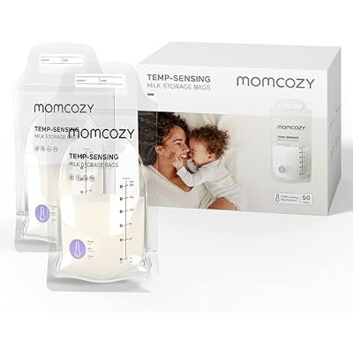 Momcozy Breastmilk Storage Bags 50pcs, Temp-Sensing Discoloration Milk Storing Bags for Breastfeeding, Disposable Milk Storage Bag with 6oz Self Standing, No-Leak Milk Freezer Storage Pouches