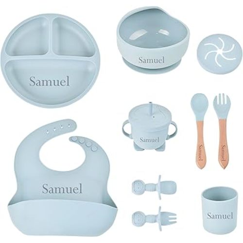 Personalized Silicone Baby Feeding Set with Name, Customized Baby Led Weaning Supplies Self Feeding Eating Utensils with Spoon, Fork, Silicone Suction Bowls, Cup, Plate Dusty Blue