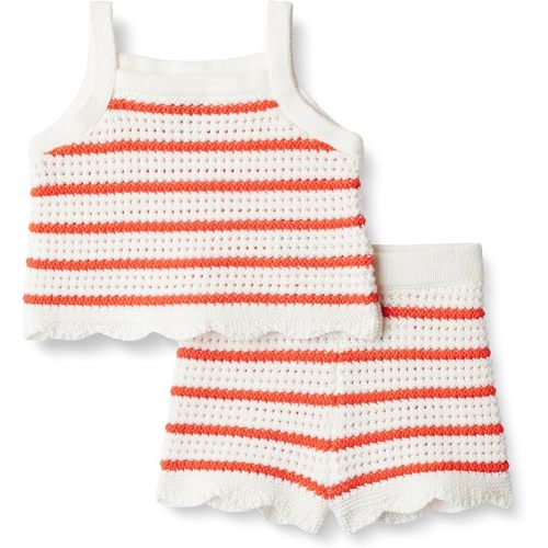 Amazon Essentials x Sofia Grainge Baby Girls' Mommy & Me Cotton Crochet Sweaters & Tank Sets, Ivory Red Uneven Stripe, 6-9 Months