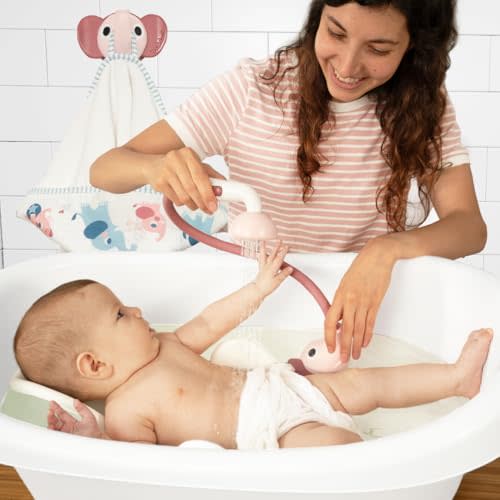 Yookidoo Baby Bath Elephant Shower Head Gift Set - Includes Hooded Towel & Hanger - Control Water from 2 Elephant Trunk Knobs for Max Fun in Tub or Sink Newborns, Toddlers, Boys, Girls (Blush Pink)
