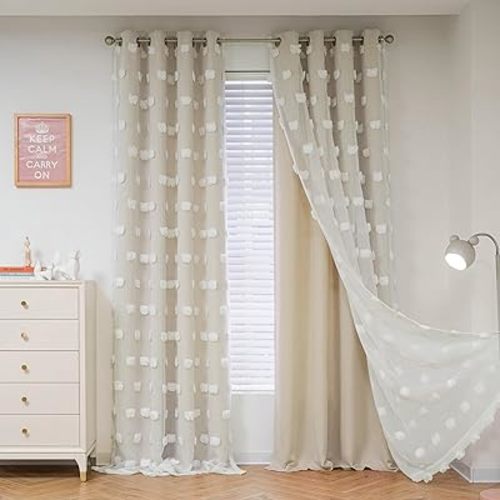 MYSKY HOME Kids Curtains for Girls Bedroom Double Layer Curtain for Daughter Room 72 Inches Long Pom Pom Sheer Drapes Beige Curtains for Living Room Grommet Room Darkening Panels W52 X L72