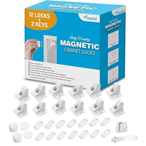 Vmaisi Adhesive Magnetic Cabinet Locks (12 Locks and 2 Keys)