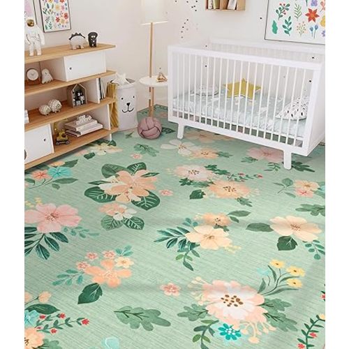 YIHOUSE Floral Print Green Washable Area Rug 8'x10'- Large Colorful Ultra-Thin Non-Slip Area Rug for Living Room, Bedroom, Nursery Room, Classroom, Playroom,Home Office (Green, 8x10ft)