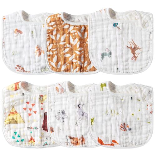 Zainpe Lot de 6 bavoirs en mousseline de coton pour bébé avec 6 couches absorbantes et douces, lavables en machine, réglables pour bébés filles et garçons, tout-petits, bave et dentition 0-24 mois,