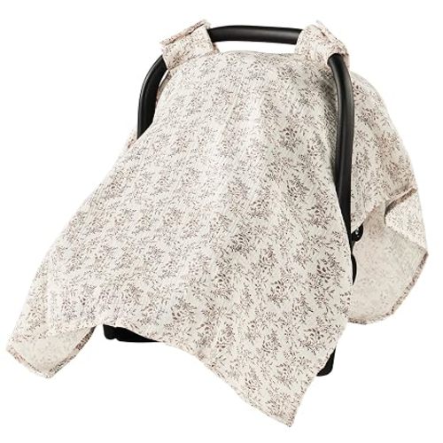 100% Muslin Cotton Car Seat Cover, Soft Breathable Car Seat Canopy for Baby, Universal Infant Carseat Sunshade, Lightweight Summer Stroller Cover for Boys Girls - Floral Print