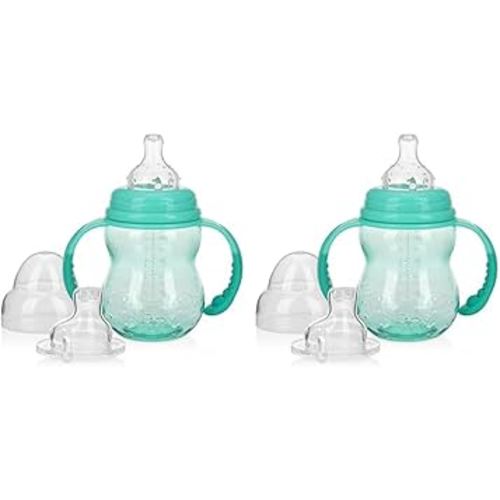 Nuby 3 Stage Tritan Wide Neck Grow with Me No-Spill Bottle to Cup, 8 Oz, Teal (Pack of 2)