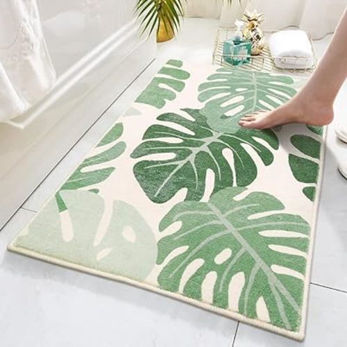 Lukinbox Green Bathroom Rugs Non Slip, Cute Washable Bath Rugs Mat, Small Leaf Bathroom Mat Soft Plant Area Rug for Indoor Shower Bathtub, 20"x31"