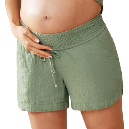 Maacie Maternity Shorts Underbelly Drawstring Elastic Waist Cotton Shorts with Pockets Summer Cute Beach Casual Shorts