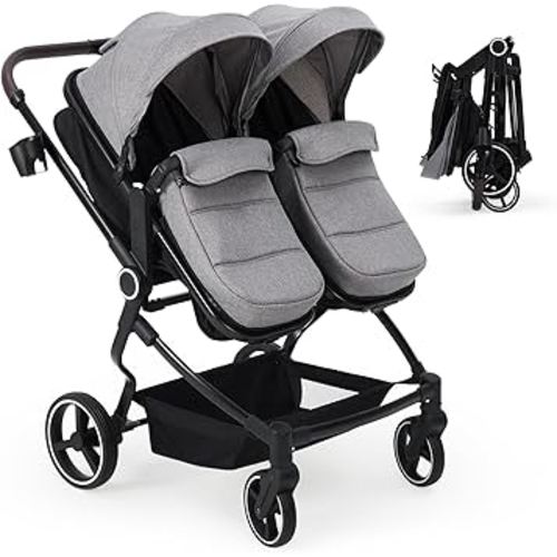 GarveeLife Side by Side Double Stroller for Twins, Lightweight Compact Foldable Baby Travel Stroller with High Landscape Seat, Adjustable Canopy & Recline for Infant and Toddler, Light Grey