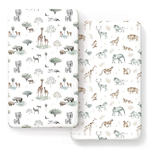 Stretch Ultra Soft Jersey Knit Fitted Crib Sheets Set 2 Pack,Fit All Standard Crib Mattress Pads Safe and Snug, Crib Fitted Sheet for Baby, Stylish African Savannah Animals Pattern