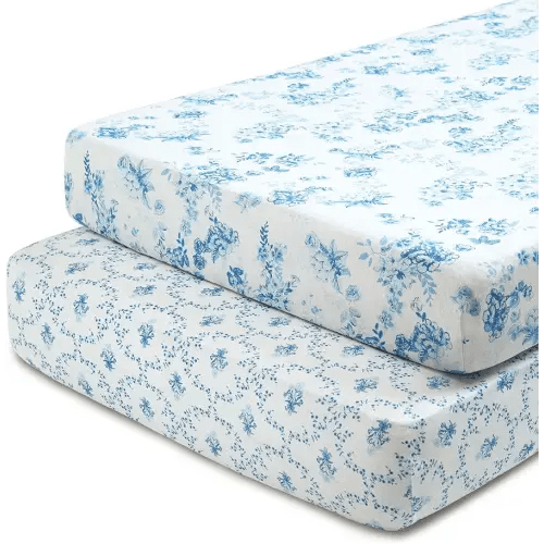 Delta Children Fitted Crib Sheets for Girls and Boys - 100% Organic Cotton Crib Sheet for Standard Crib and Toddler Mattresses - 28x52 Inch - GOTS Certified (Pack of 2), Blue Botanicals