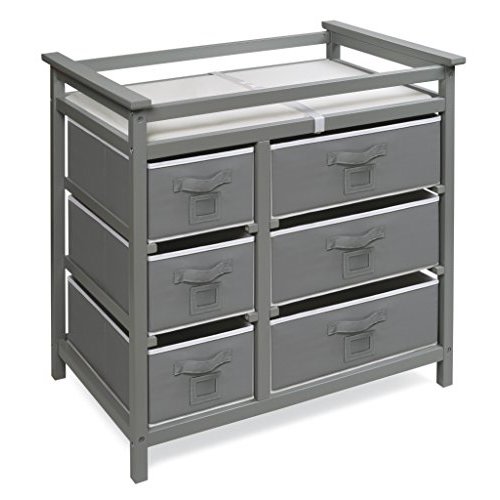 Badger Basket Modern Baby Changing Table - Diaper Station Organizer with 6 Storage Drawers, Reversible Baskets, Safety Rails - Baby Nursery Furniture with Changing Pad and Belt - Gray