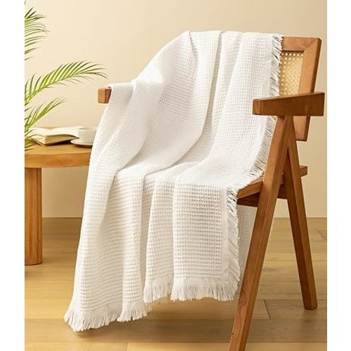 Vitalizart White Throw Blanket for Couch Sofa Bed Waffle Knit Fringe 50" x 60" Lightweight Blankets & Throws for Home Living Room Farmhouse Decor Boho Cotton Weave