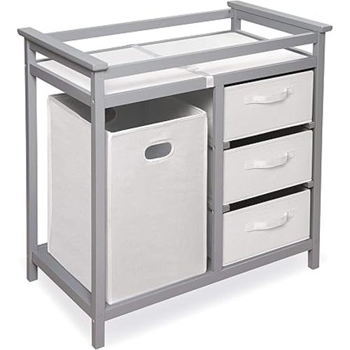 Badger Basket Modern Baby Changing Table with Laundry Hamper, 3 Storage Drawers and Pad, Diaper Change Station - Cool Gray/White