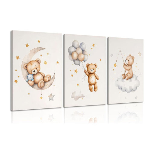 Ophelia & Co. 3 Pcs Framed Teddy Bear Nursery Canvas Wall Art Bear Sleeping On The Moon And Stars Wall Decor Pictures Balloon Cloud Neutral Poster Prints For Kids Baby Room Kindergarten Home Decoration 16X24in | Wayfair