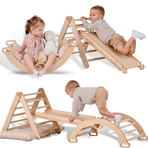 5-in-1 Indoor Climbing Frame for Toddlers -Triangle Ladder, Climbing Arch, Slide, Rope and Cushion, Montessori Climbing Frame, Kids Wooden Gym, Foldable Climbing Toys for Kids 1-3 Age