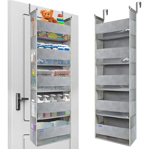 Large-Sized Over The Door Hanging Organizer 5-Shelves and 10 Side Pockets, Over The Door Storage Organizer, Back of Door Organizers for Baby Accessories and Kid's Toys(15.75"x6"x51.25", Grey)