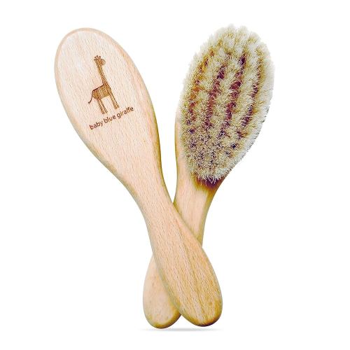 Super Soft Baby Hair Brush, Grooming Kit Must-Have, Baby Essentials, Ideal Gift for Baby Shower, All Natural Goat Hair and Beech Wood - Baby Blue Giraffe
