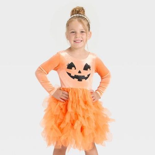 Toddler Girls' Halloween Pumpkin Jack-o'-lantern Tulle Dress - Orange