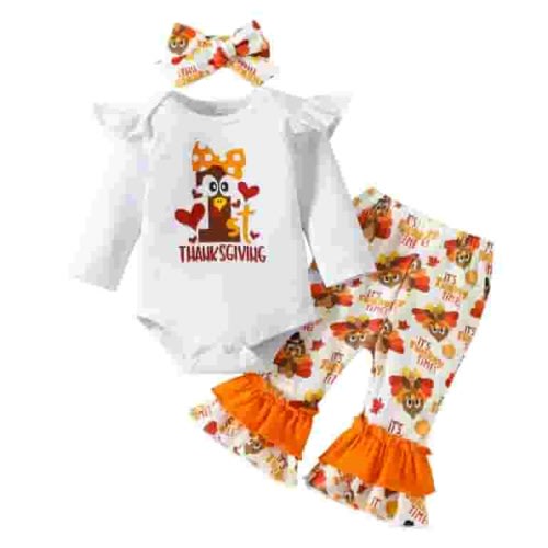 Younger Tree Baby Girl Thanksgiving Clothes Outfits Turkey Print Long Sleeve Romper Pants Headband 3pcs Set,3-6M