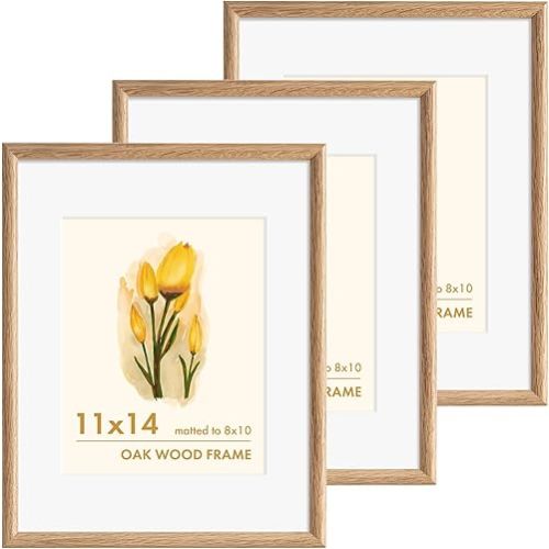 11x14 Picture Frame Set of 3 - Solid Oak Wood Picture Frames with HD Tempered Glass, Handcrafted Rounded Corner 11 x 14 Wooden Frame Matted to 8x10 Photos, Horizontal or Vertical Wall Display
