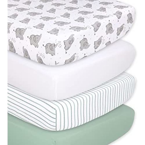 The Peanutshell Fitted Crib Sheets Set, Unisex 4 Pack, Grey Elephant, White & Green