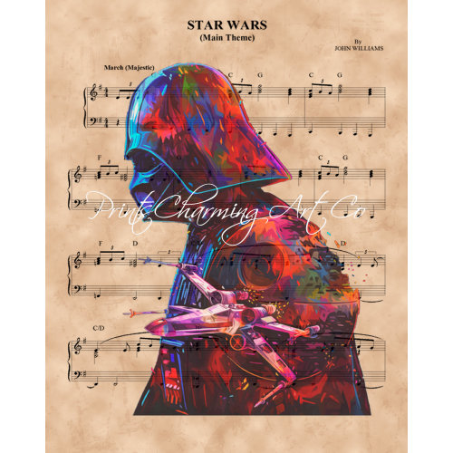 Disney Star Wars Theme Sheet Music Art Print, Darth Vader Silhouette, Star Wars Trilogy Art print, X-Wing, Death Star
