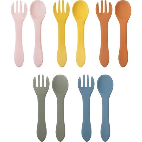 10 Pcs Silicone Baby Spoons and Baby Forks, Chewable Baby Utensils for Self-Feeding, Silicone Baby Utensils, Kids Utensils for Over 6 Months Babies Spoon toddler utensil