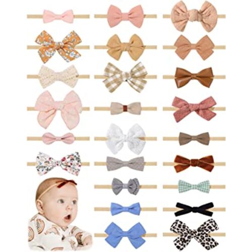 jollybows 24 PCS Baby Headbands and Bows Hairbands Soft Nylon Elastics Handmade Girls Hair Accessories for Newborn Babies Infant Toddlers Kids