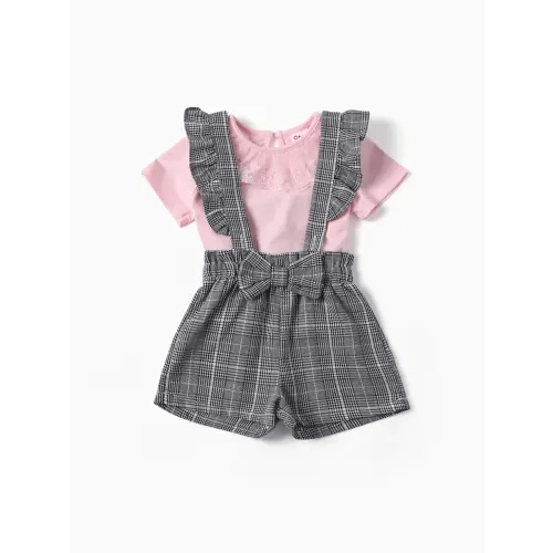 2pcs Baby Girl Grid/Houndstooth Ruffle Edge Set